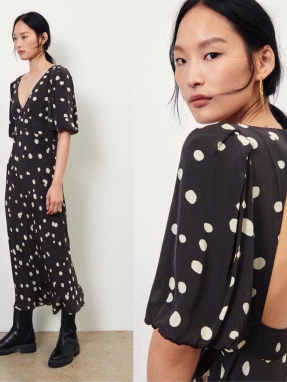 Ba&sh Delize Black Midi Dress with Ivory Polka Dots